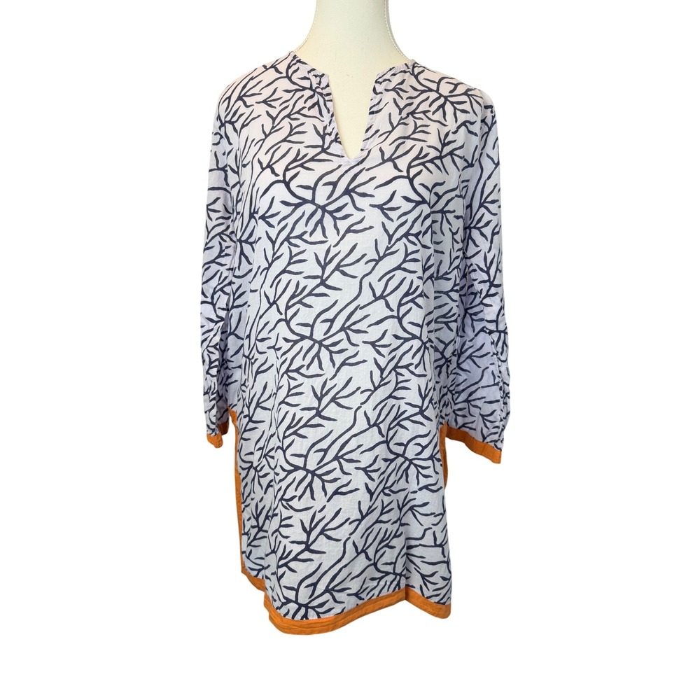Roberta Roller Rabbit Coral Print Cotton Tunic Top Navy Orange White Med Beach